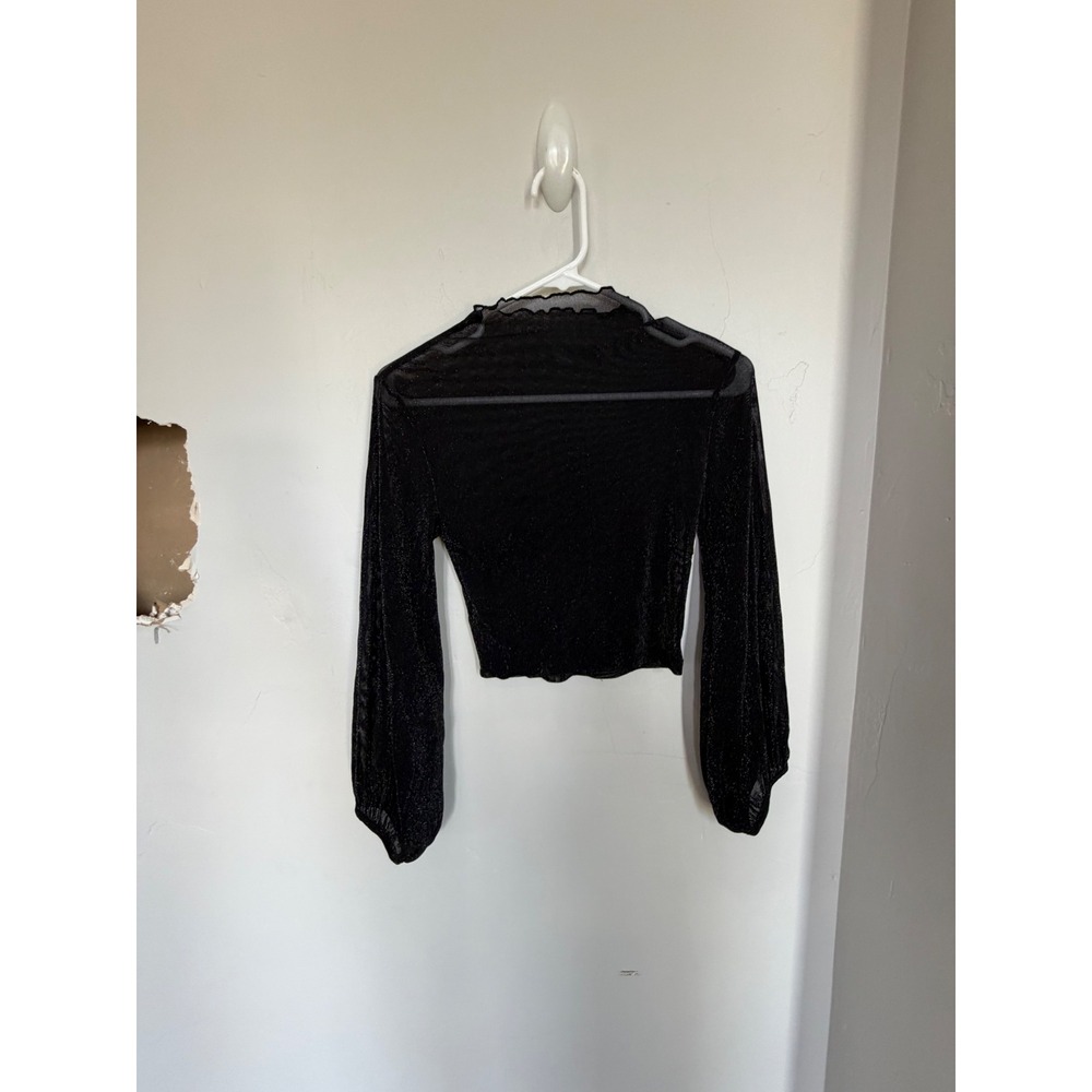 Black Mesh Glitter Crop Top Long Balloon Sleeve Mock Neck Lettuce Edge Shimmer